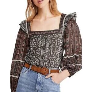 Free People Women's Mostly Meadow Blouse S Ruffle Balloon Sleeve Boho Top